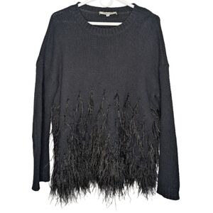 Elizabeth and James Women's Medium Black Knit Long Sleeve ostrich Feather trim‎